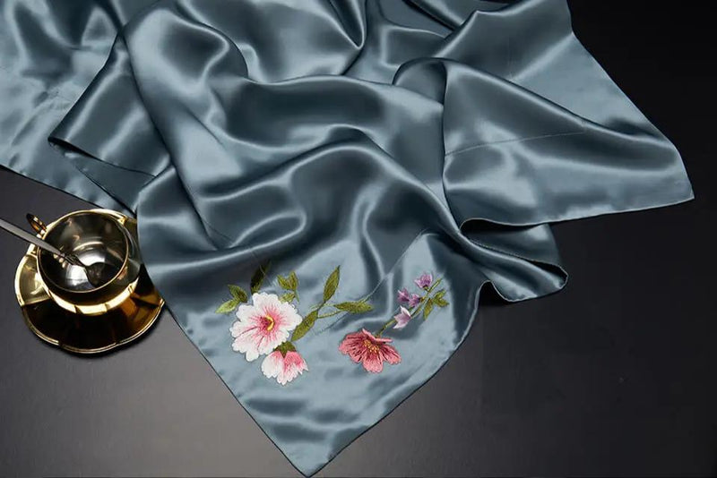 Blue Blossom Serenity: Pure Mulberry Silk Pillowcase with Floral Embroidery