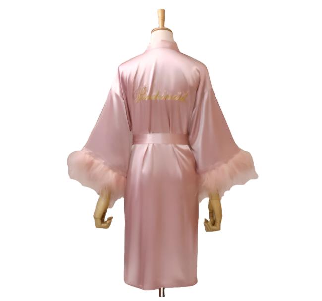 Feather Satin Bride & Bridesmaid Robe - Embroidered Wedding Nightwear