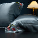 Blue Blossom Serenity: Pure Mulberry Silk Pillowcase with Floral Embroidery