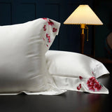 White Blossom Elegance: Pure Mulberry Silk Pillowcase with Red Floral Embroidery