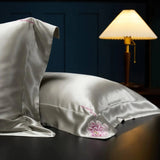 Light Gray Floral Symphony: Pure Mulberry Silk Pillowcase with Floral Embroidery