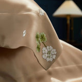 Champagne Bloom Harmony: Pure Mulberry Silk Pillowcase with Floral Embroidery