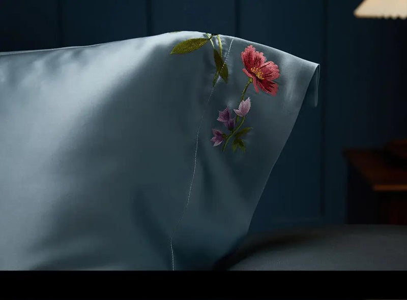 Blue Blossom Serenity: Pure Mulberry Silk Pillowcase with Floral Embroidery