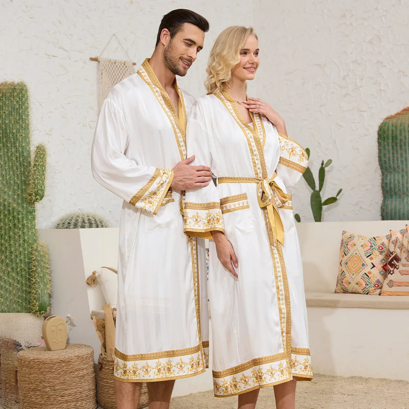 Baroque Style Silk Satin Couple Robe - Luxury Long Nightgown