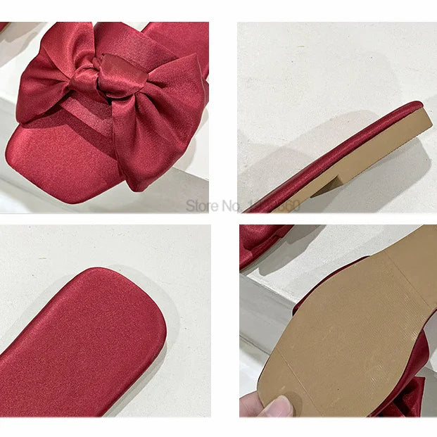 Wedding Slippers with Bow - Butterfly Knot Satin Low-Heeled Slides