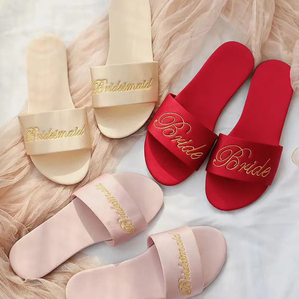 Wedding Slippers - Silk Solid Color with Bride & Bridesmaid Embroidery