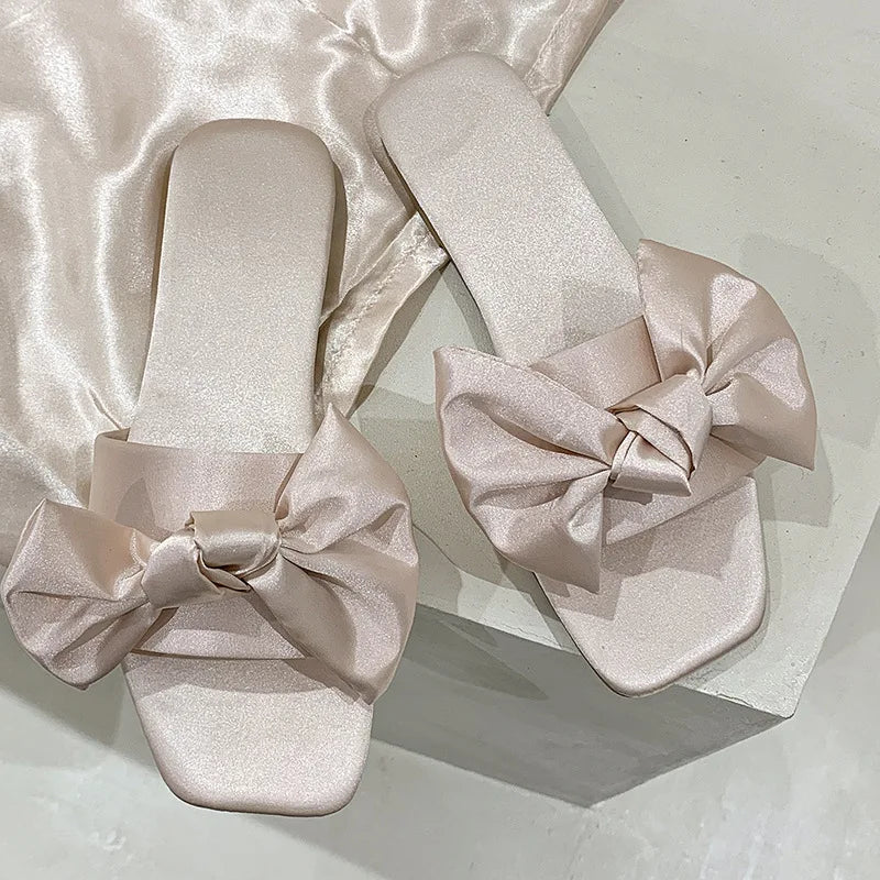 Wedding Slippers with Bow - Butterfly Knot Satin Low-Heeled Slides