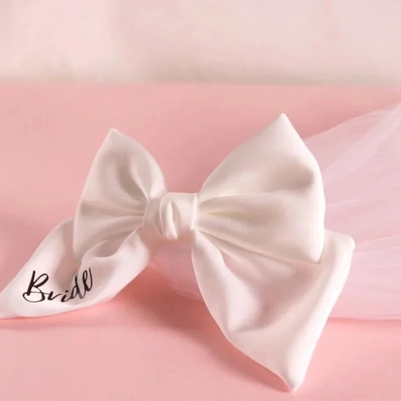 White Bow Bride Veil - Bachelorette Party & Bridal Shower Prop