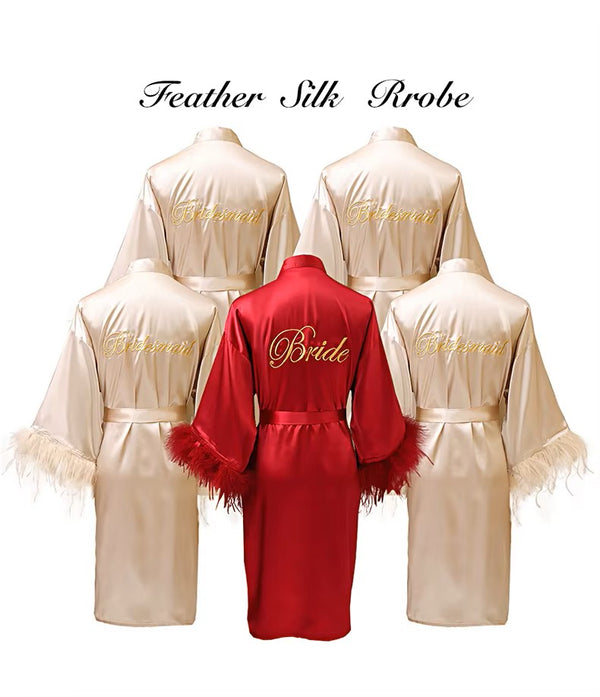 Feather Satin Bride & Bridesmaid Robe - Embroidered Wedding Nightwear