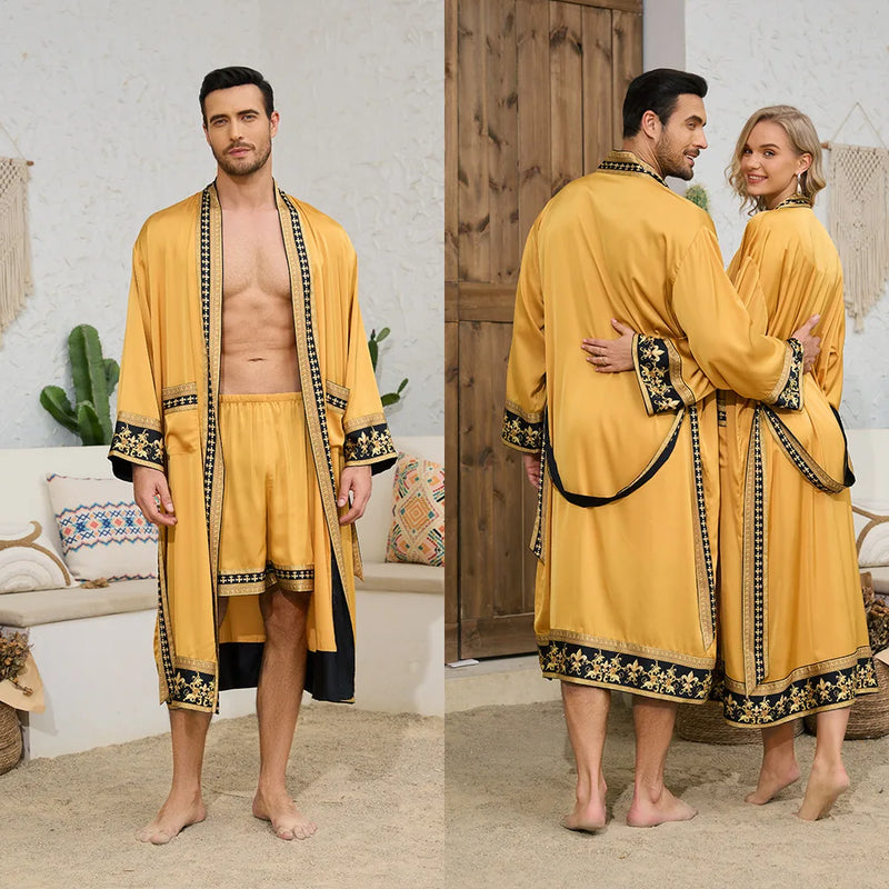 Baroque Style Silk Satin Couple Robe - Luxury Long Nightgown