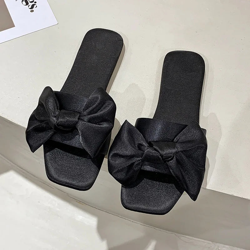 Wedding Slippers with Bow - Butterfly Knot Satin Low-Heeled Slides