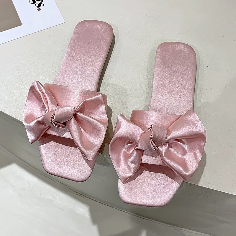 Wedding Slippers with Bow - Butterfly Knot Satin Low-Heeled Slides