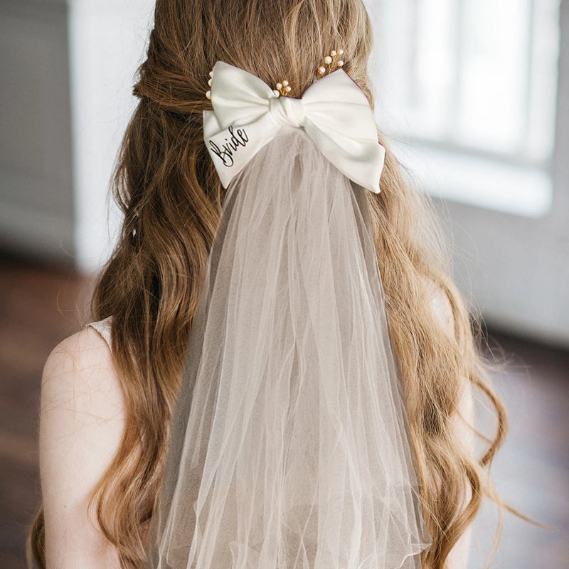 White Bow Bride Veil - Bachelorette Party & Bridal Shower Prop