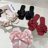 Wedding Slippers with Bow - Butterfly Knot Satin Low-Heeled Slides