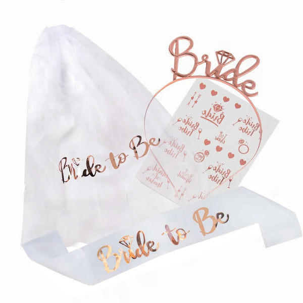 4pcs Bride To Be Set - Sash, Veil, Headband & Tattoo Stickers