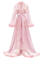 Feather Blush Kimono Robe - Floor-Length Satin Dressing Gown