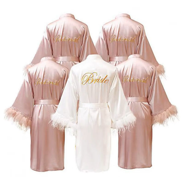 Feather Satin Bride & Bridesmaid Robe - Embroidered Wedding Nightwear