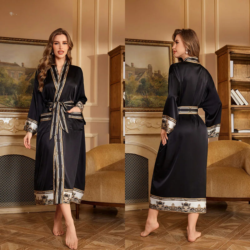 Baroque Style Silk Satin Couple Robe - Luxury Long Nightgown