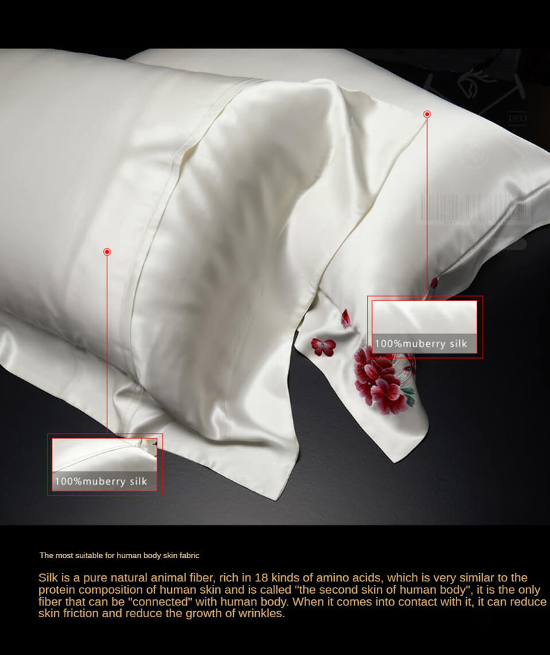 White Blossom Elegance: Pure Mulberry Silk Pillowcase with Red Floral Embroidery