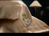 Champagne Bloom Harmony: Pure Mulberry Silk Pillowcase with Floral Embroidery