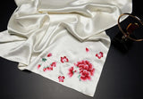 White Blossom Elegance: Pure Mulberry Silk Pillowcase with Red Floral Embroidery