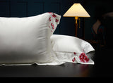 White Blossom Elegance: Pure Mulberry Silk Pillowcase with Red Floral Embroidery